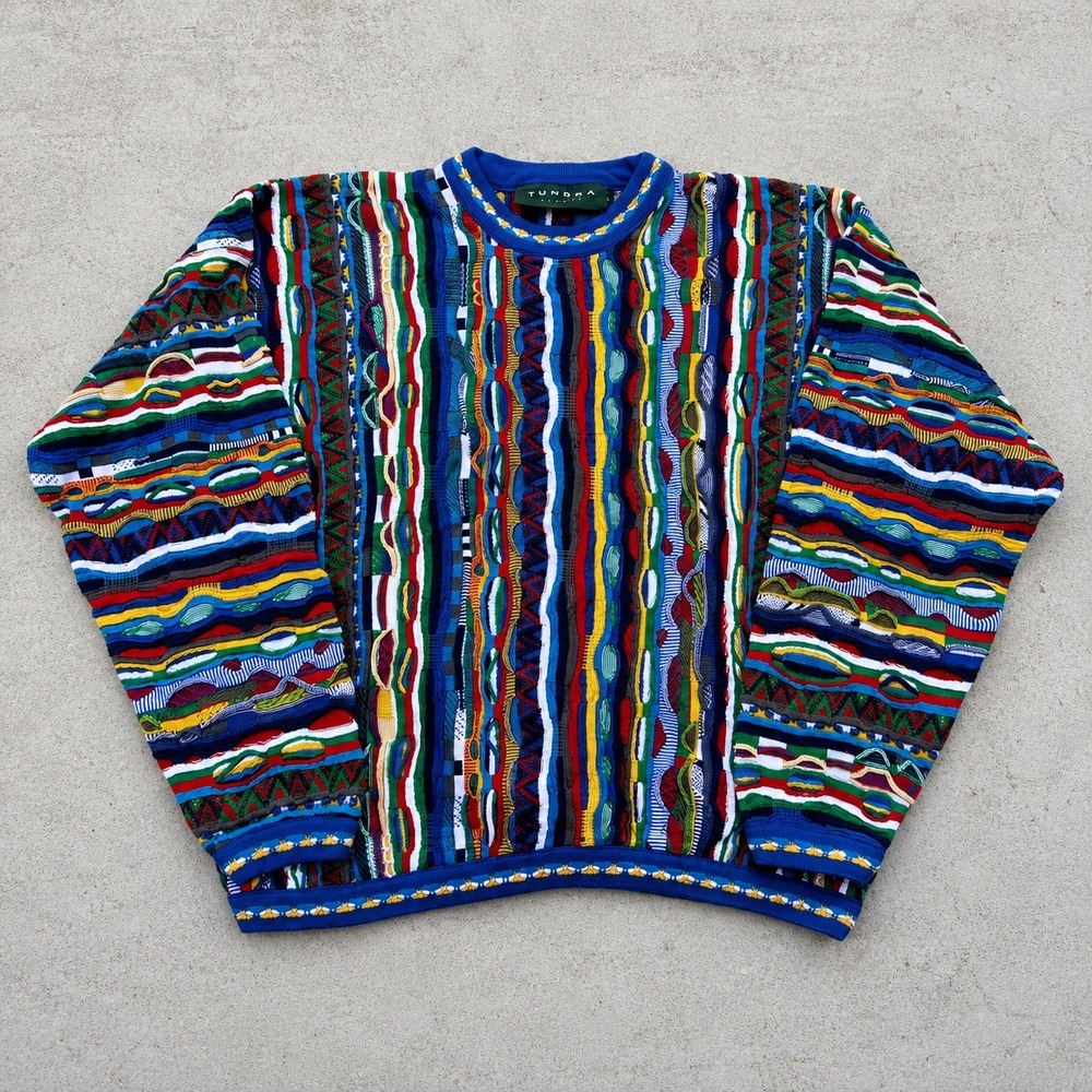 Tundra Canada 3D Textured Knit Sweater Multicolor Retro Large Coogi Style